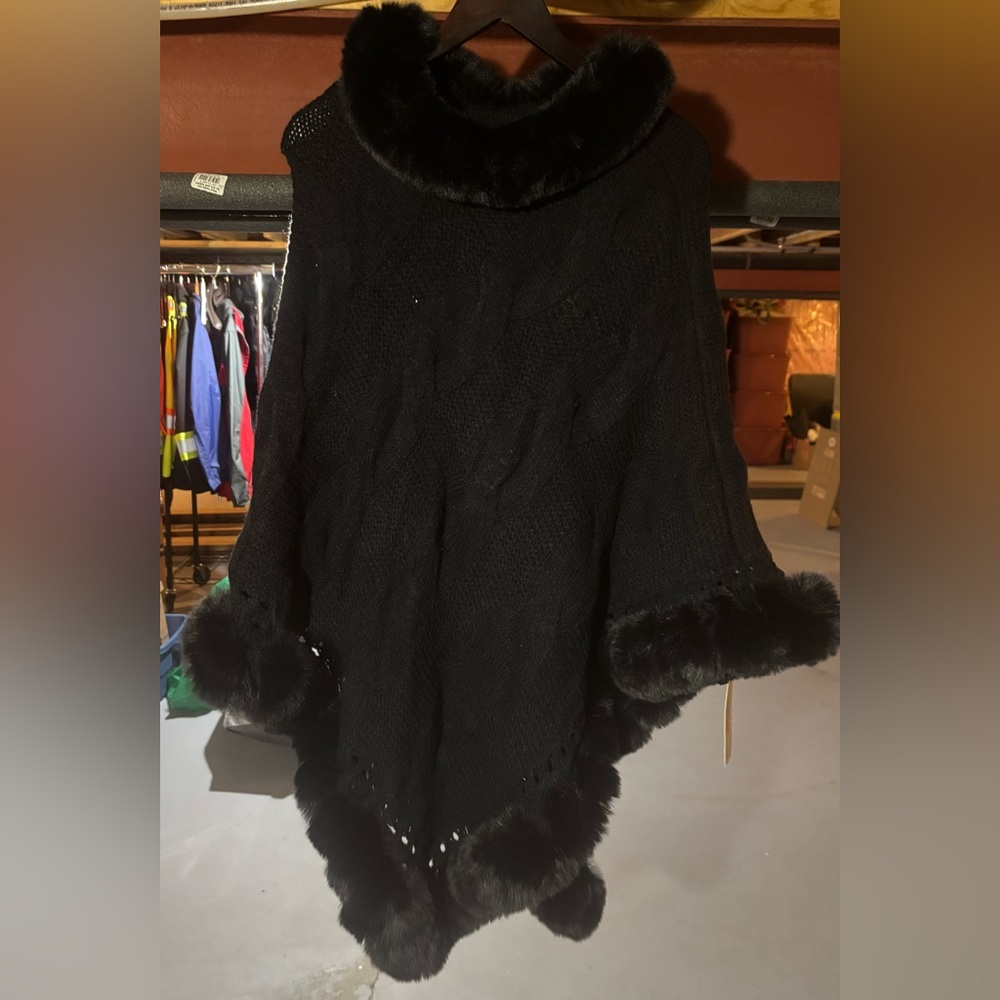 Black Faux Fur Trim Knit Poncho Sweater - Women